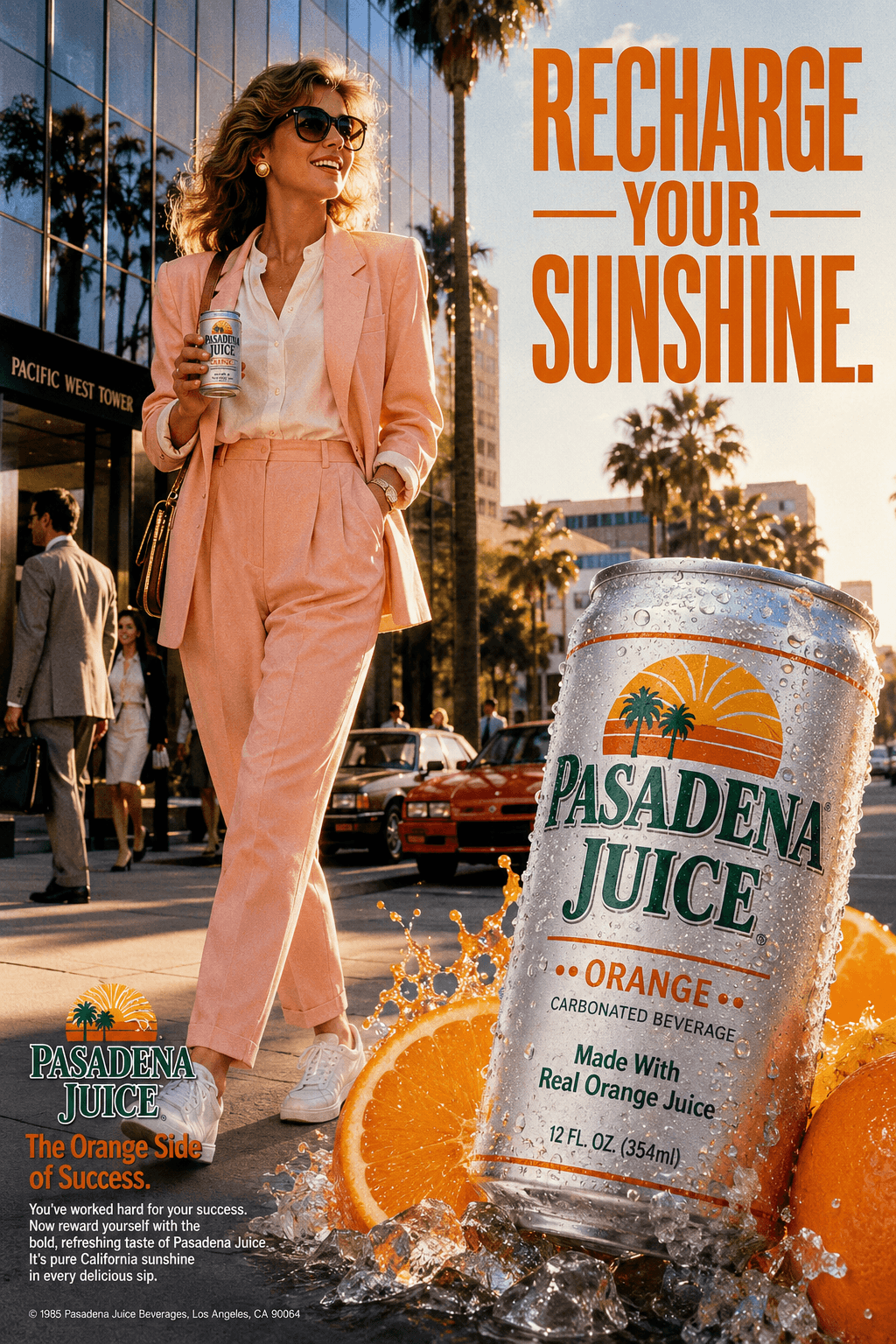 AI generated: Ultra-authentic 1985 American magazine advertisement for "Pasadena Juice" orange soda, full-page edi...