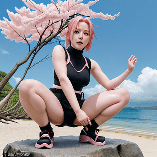 AI generated: Sakura haruno, spread squat, beautiful beach with trees, 8k