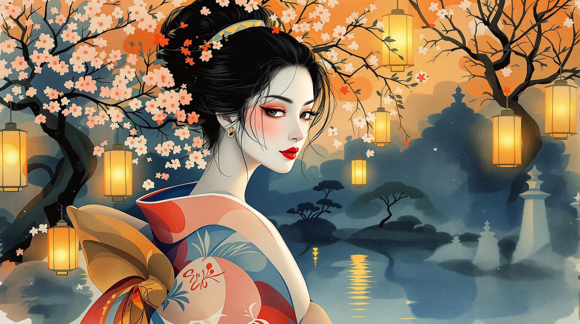 AI generated:  A vibrant watercolor portrait of a Japanese geisha, depicted in dynamic motion, set amidst a serene...