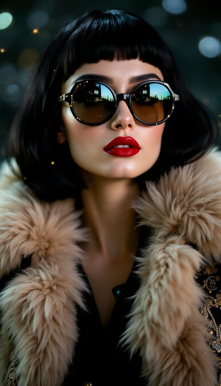 AI generated: Woman, ink-black hair, lipstick red lips, structured, brocade coat, deep-red lips, trendsetting, lum...
