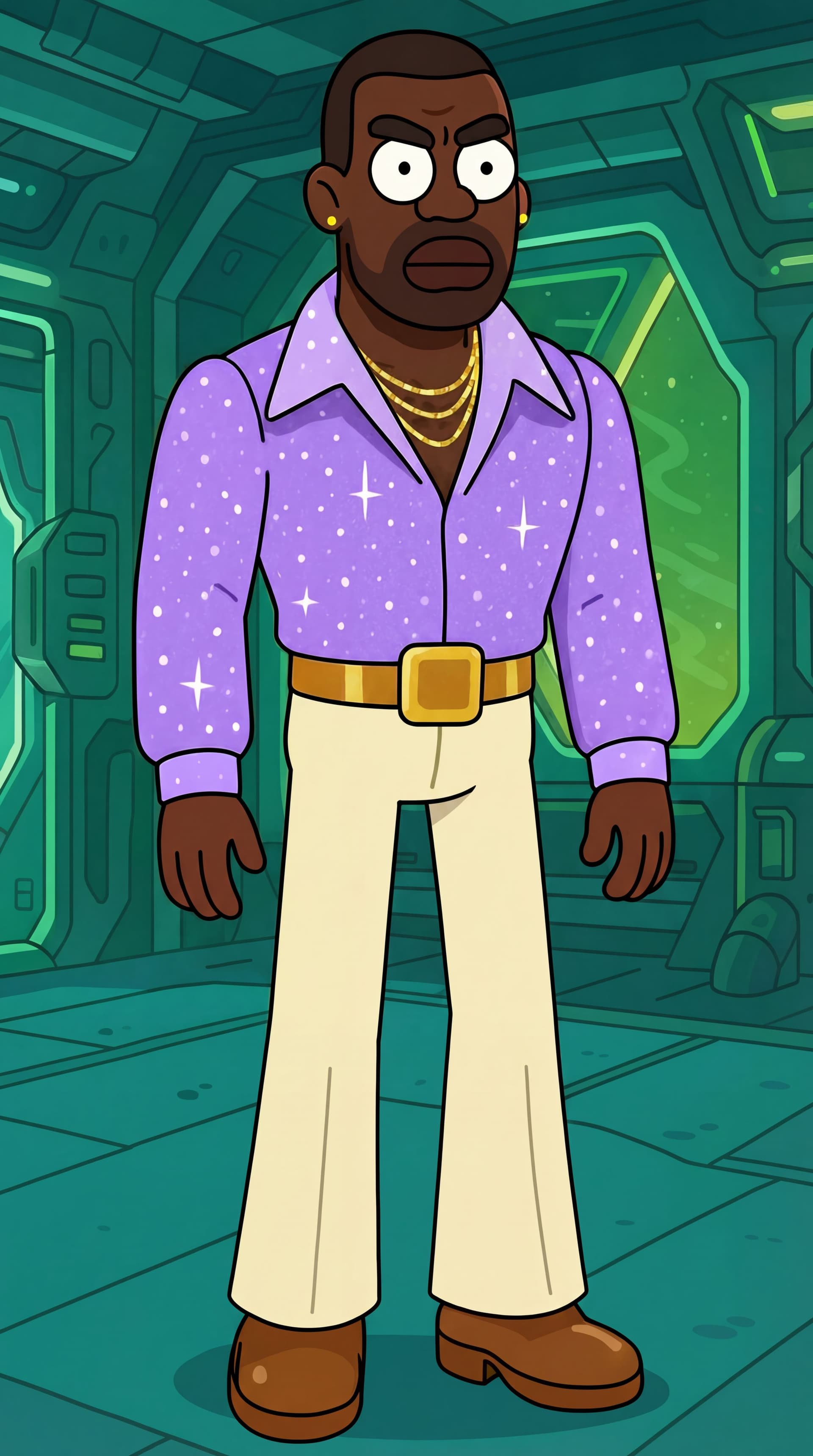 AI generated: can you add inside his shirt some golden chain necklace. and on the ears add some golden dot earring...