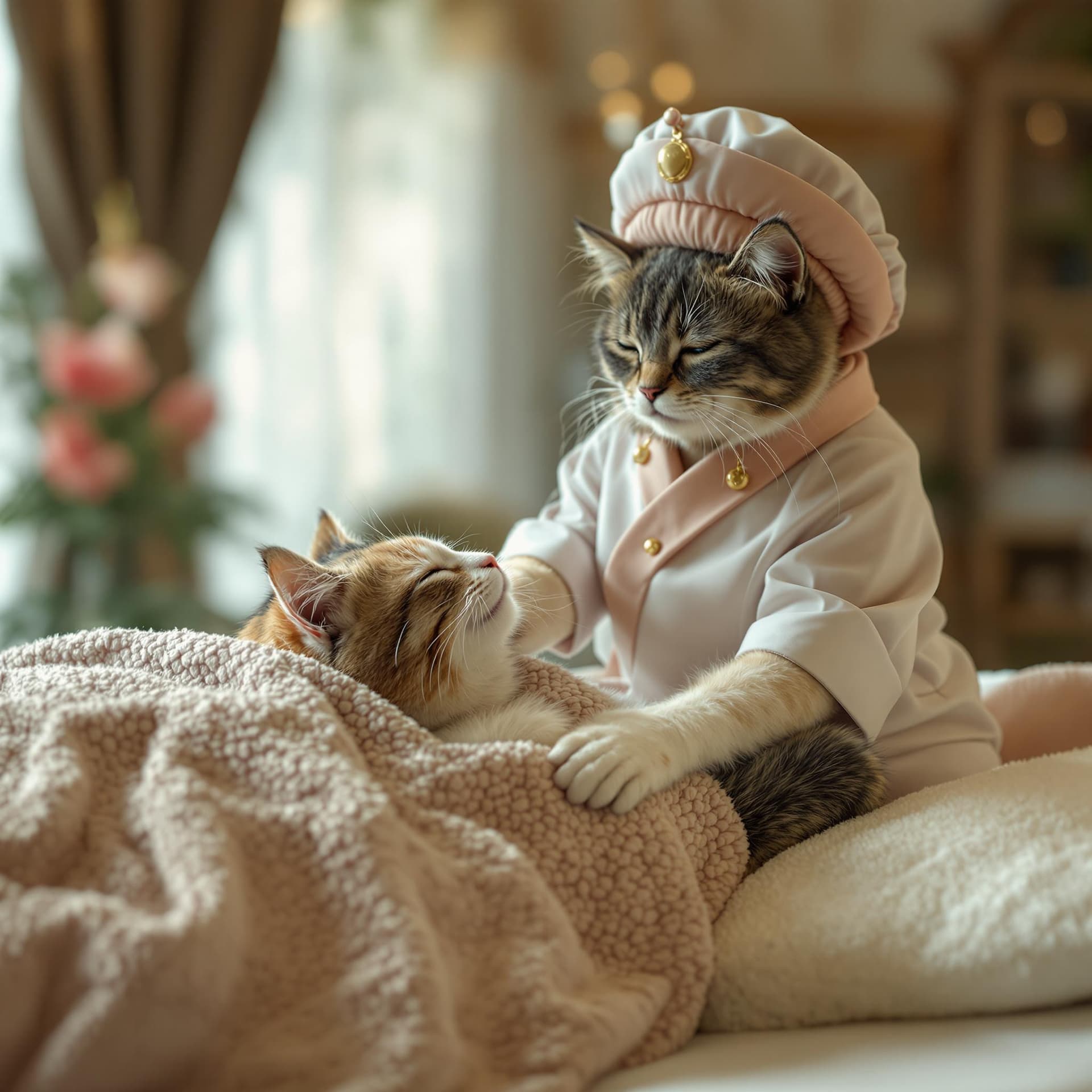 AI generated: adorable cat, wearing a masseuse outfit, massaging another cat dressed in spa attire, comfortably re...
