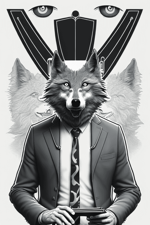 AI generated: A shockingly detailed monochromatic vector illustration of "Mr. Wolfe" examining a strange and other...