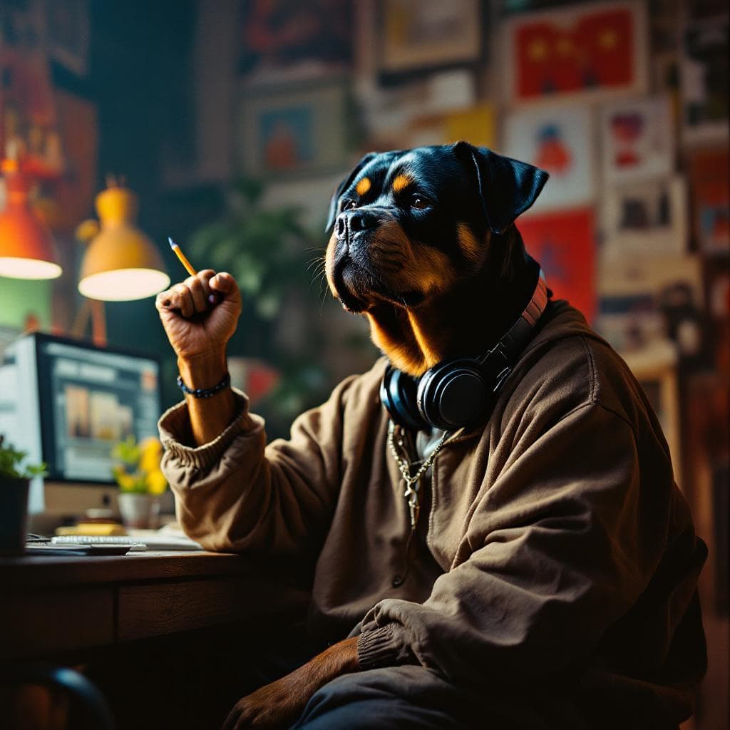 AI generated: 35mm photography of an anthropomorphic Rottweiler dressed in baggy hiphop clothes from 1980s , in th...
