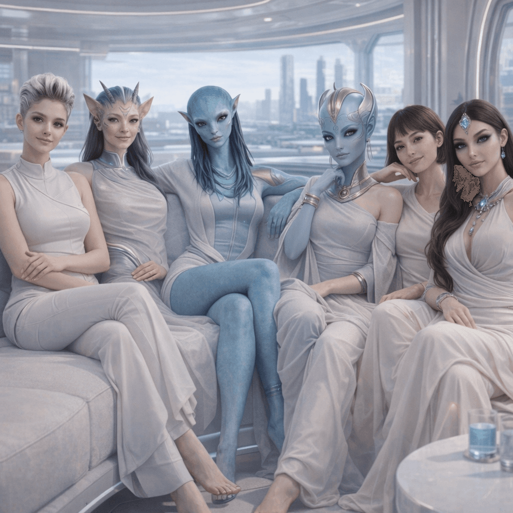 AI generated: Create an image showcasing all-female, all-separate images, posing together. Change background, clot...