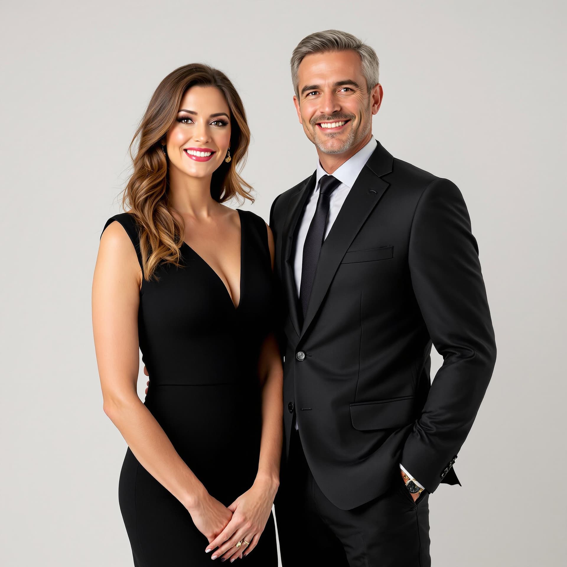 AI generated: A high-quality studio family photo captures a stylish British couple in elegant attire. The wife sta...