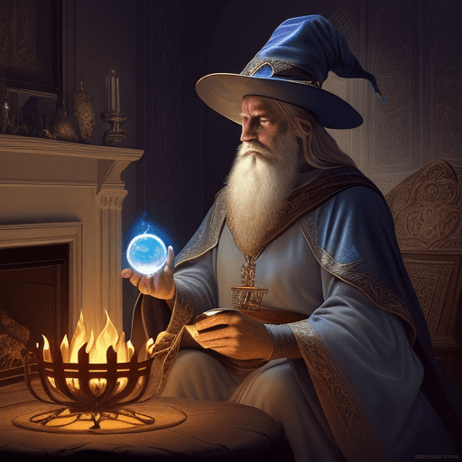 AI generated: A mesmerizing digital painting depicts a medieval wizard wearing a wizard's robe and hat, pondering ...