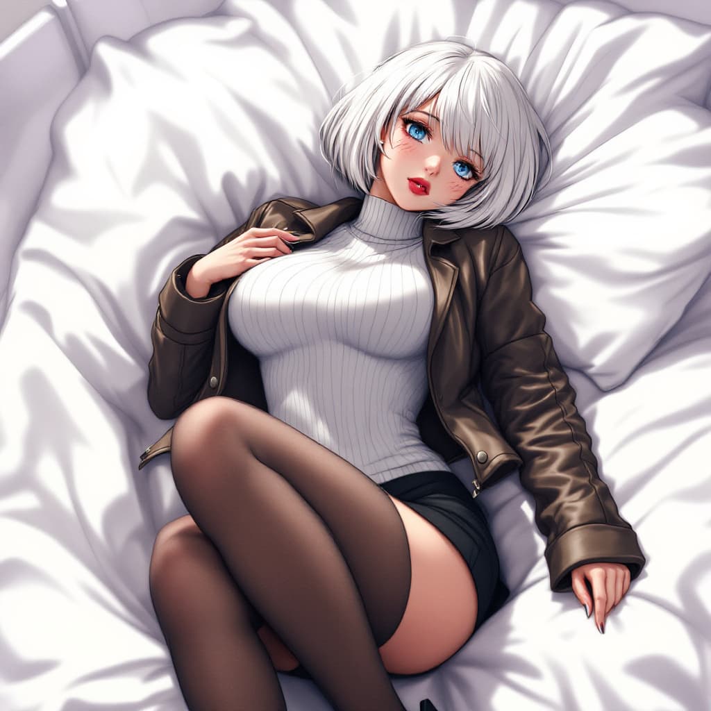 AI generated: anime, woman, white hair, bob cut, blue eyes, freckles, red lips, white sweater, tight sweater, shor...