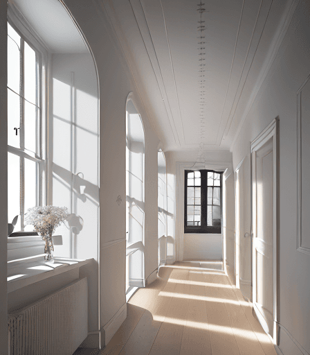 AI generated: High resolution photography of interior design, A CORRIDOR INSIDE TWO APARTMENTS THAT HAVE A WINDOW ...