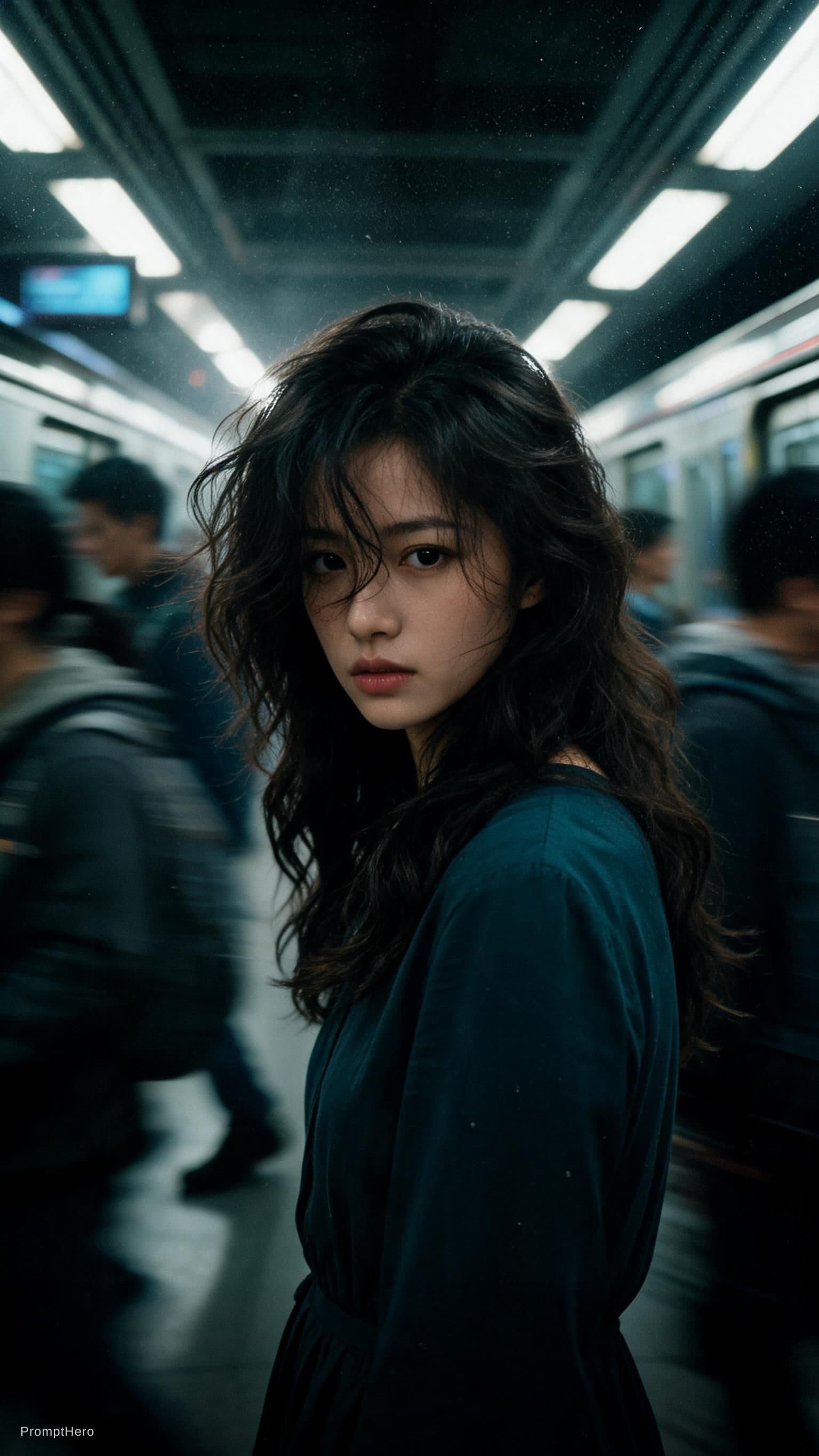 AI generated: Cinematic editorial portrait of a young women in her early twenties standing motionless at the
cente...