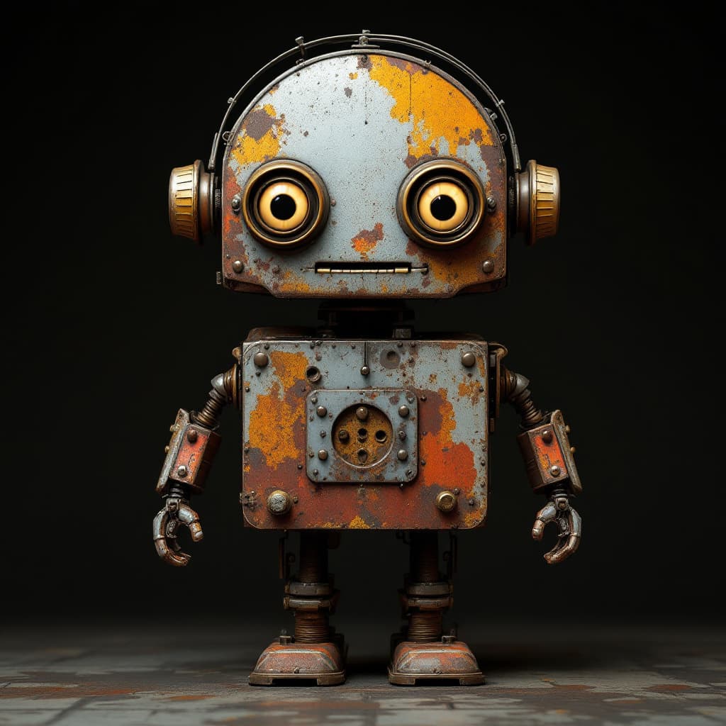 AI generated: asymmetric cute robot made out of scrap metal with semi-circle head and face rust chipped paint join...