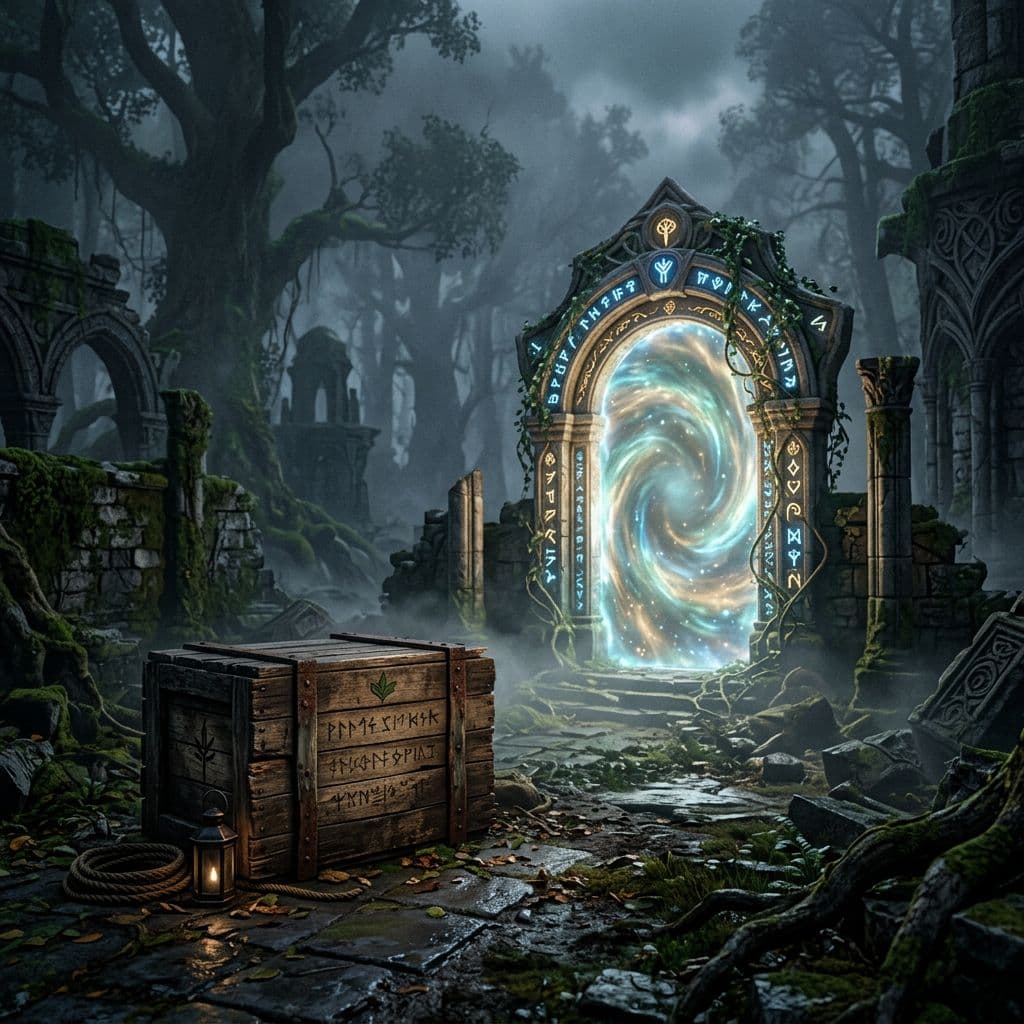 AI generated: a weathered wooden crate sitting in front of a glowing ancient elven dimensional portal in a ruined ...