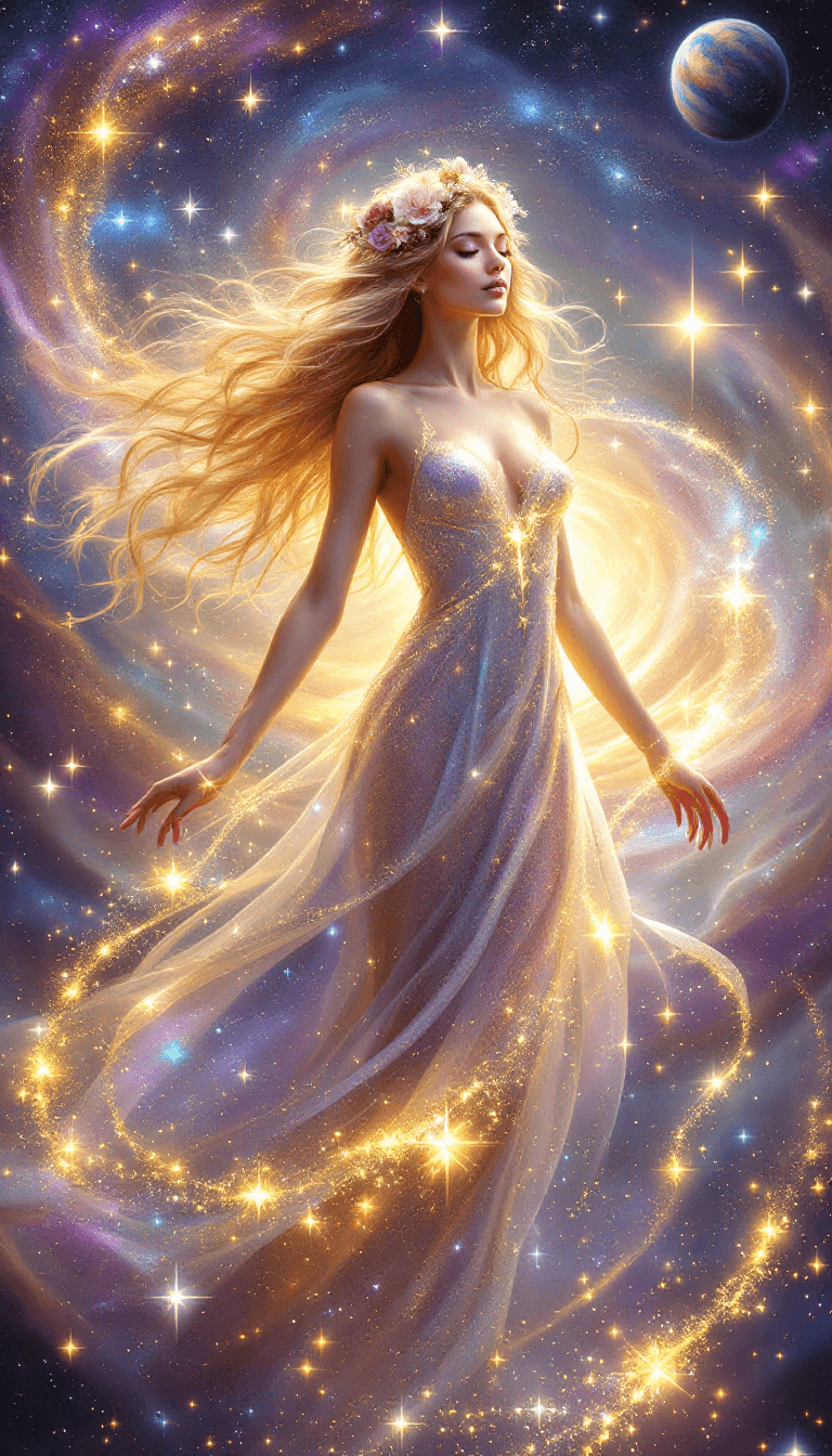 AI generated: A breathtaking celestial goddess standing amidst a swirling cosmic nebula.