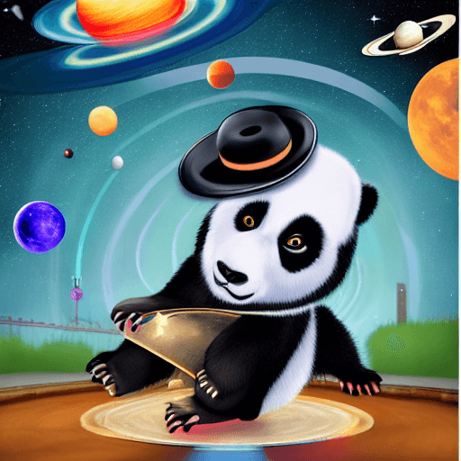 AI generated: a panda with roller skating, a black hat, a papillon, in the background a solar system image with th...