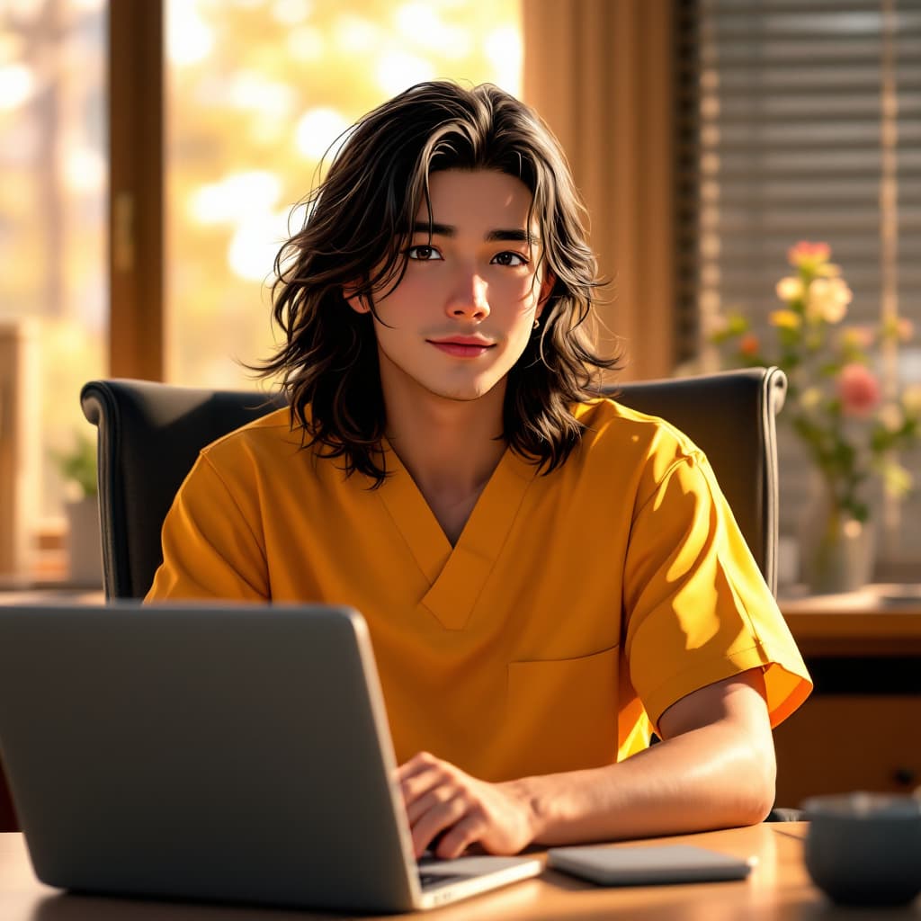 AI generated: Sweet anime boy with long hair, wearing yellow scrubs, handsome, sitting on a chair in front of a la...
