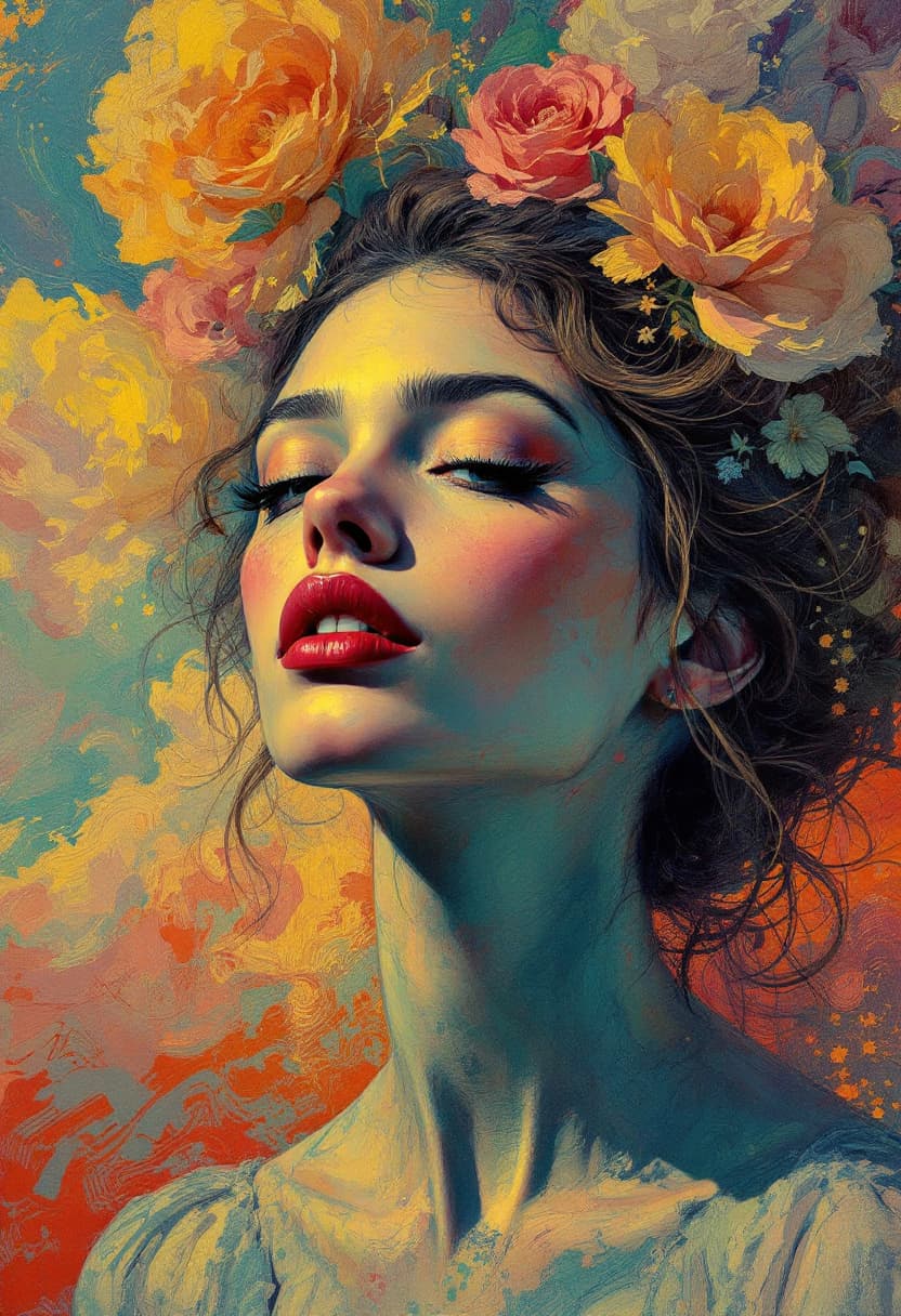 AI generated: Portrait stunning woman, art nouveau, neo impressionism, charcoal illustration colourful brushstroke...