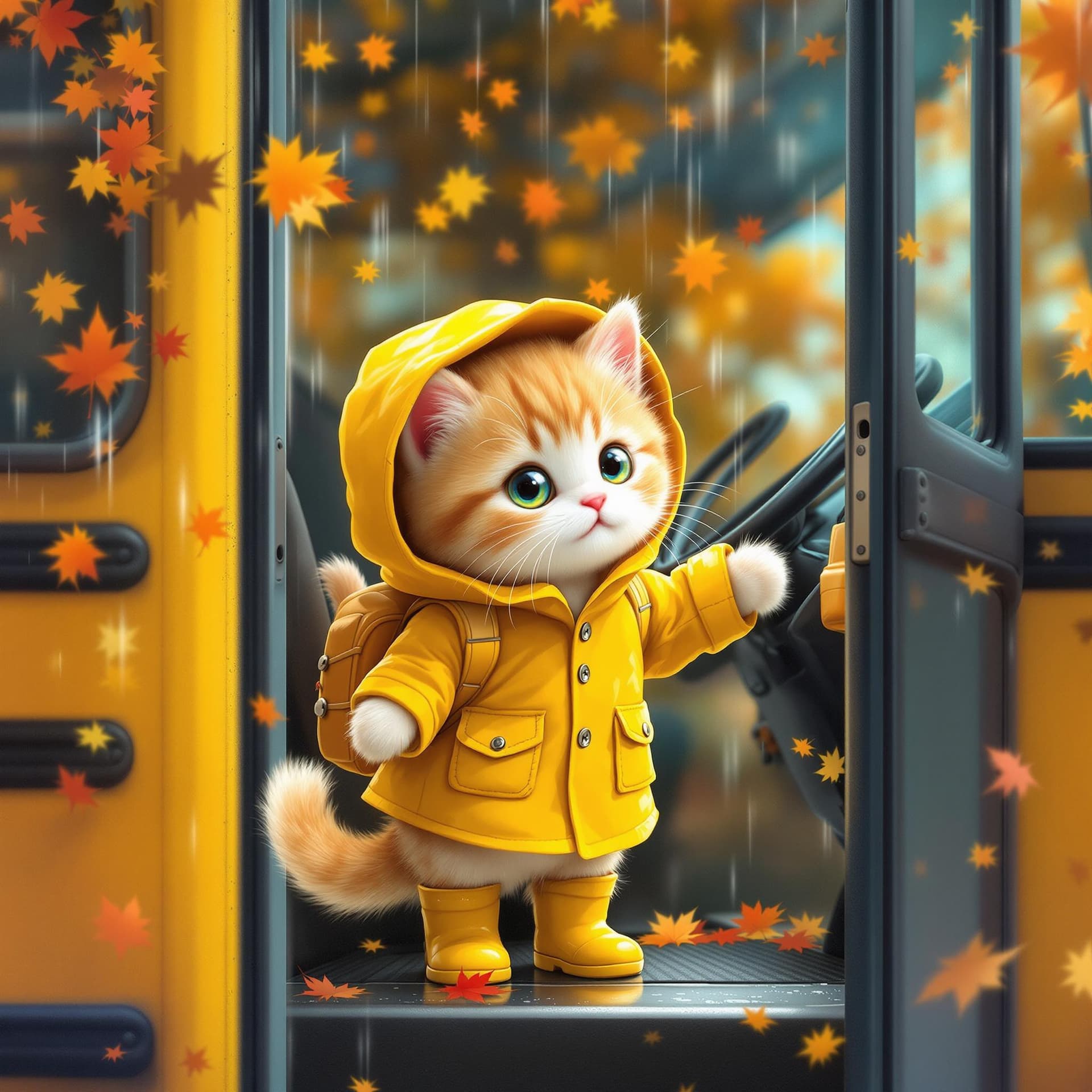 AI generated: anthropomorphic cute kitten wearing a yellow raincoat and yellow boots getting on the school bus on ...