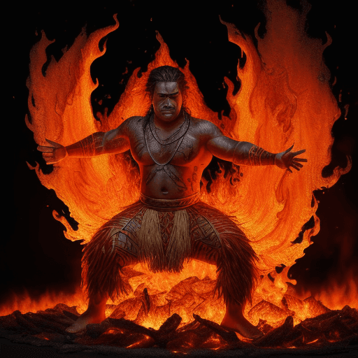 AI generated:  a Polynesian fire dancer created out of fire and ashes ((he is coming out of molten lava), fire emb...