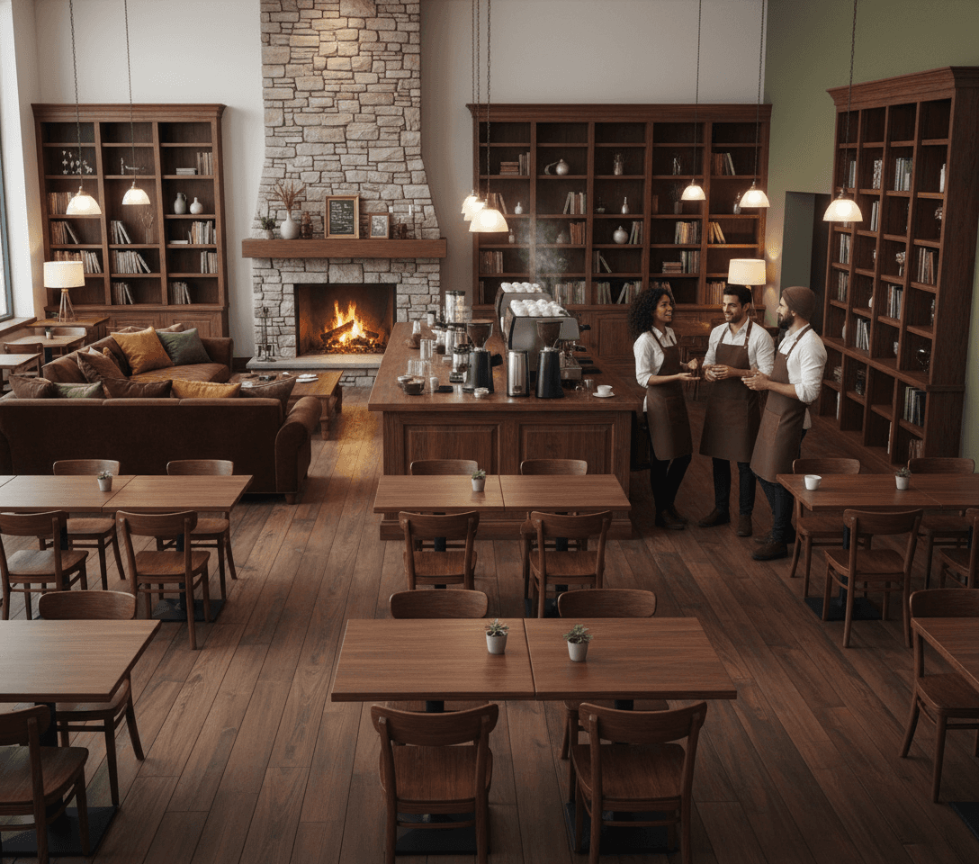AI generated: Empty huge warmed- dark-wooden-style coffee shop, white and olive green walls, wooden tables and woo...