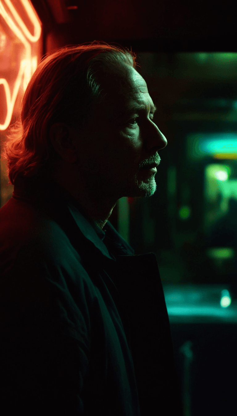AI generated: Side view of silhouette gray-haired old man in the green and red neon street lights, volumetric ligh...