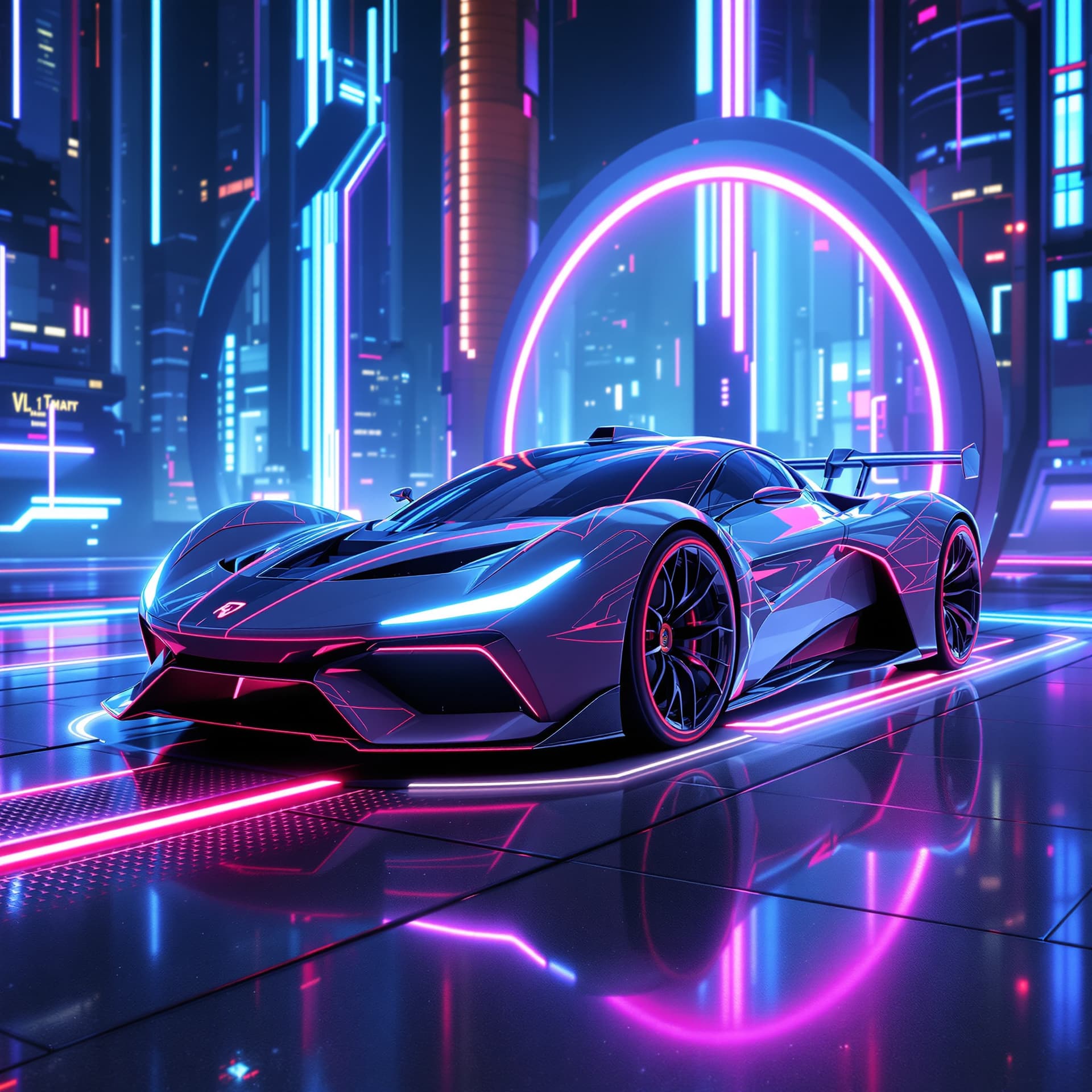 AI generated: sleek futuristic sports car with neon led highlights is parked on top of a lighted neon portal dias ...