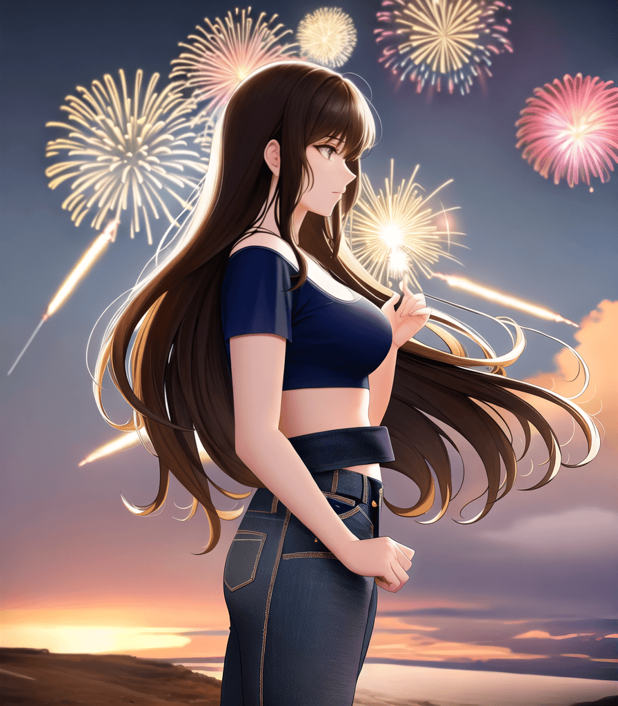 AI generated: ((perfect anime illustration)), 1girl, brown hair, medium hair, night sky, 9:00 pm, fireworks, ((gir...
