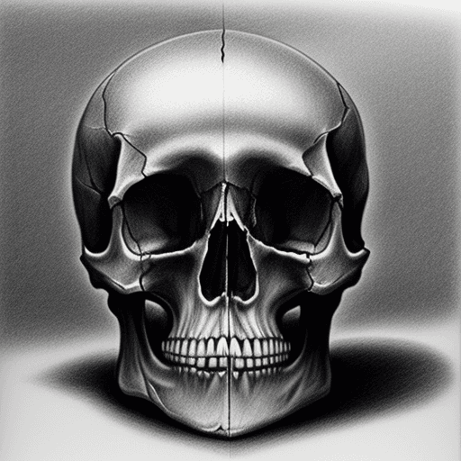 AI generated: pencil drawing, human skull with small silicon chipset on top, front lighting, detailed shadows, lef...