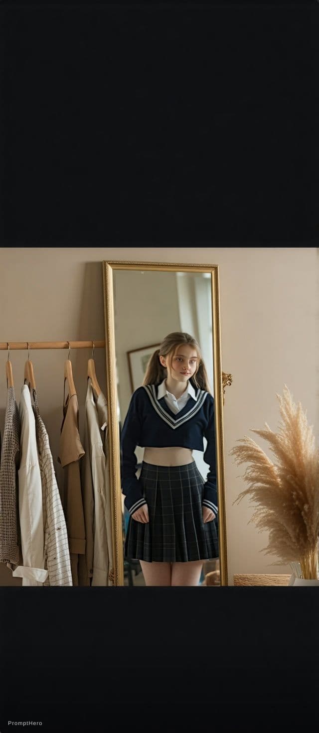 AI generated: girl looking mirror school uniform legs open 