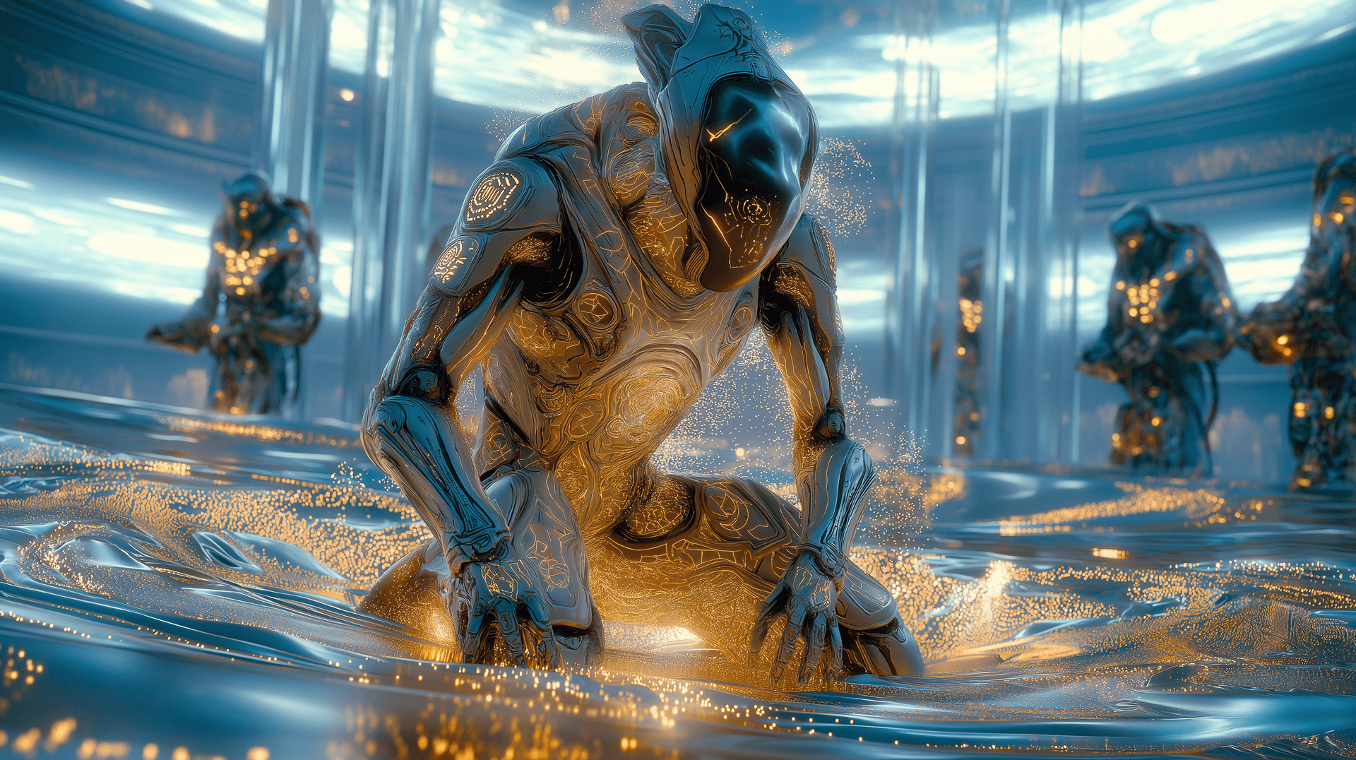 AI generated: ultra-photorealistic 16K IMAX cinematic scene, Show an alien warrior kneeling in the center of a cir...