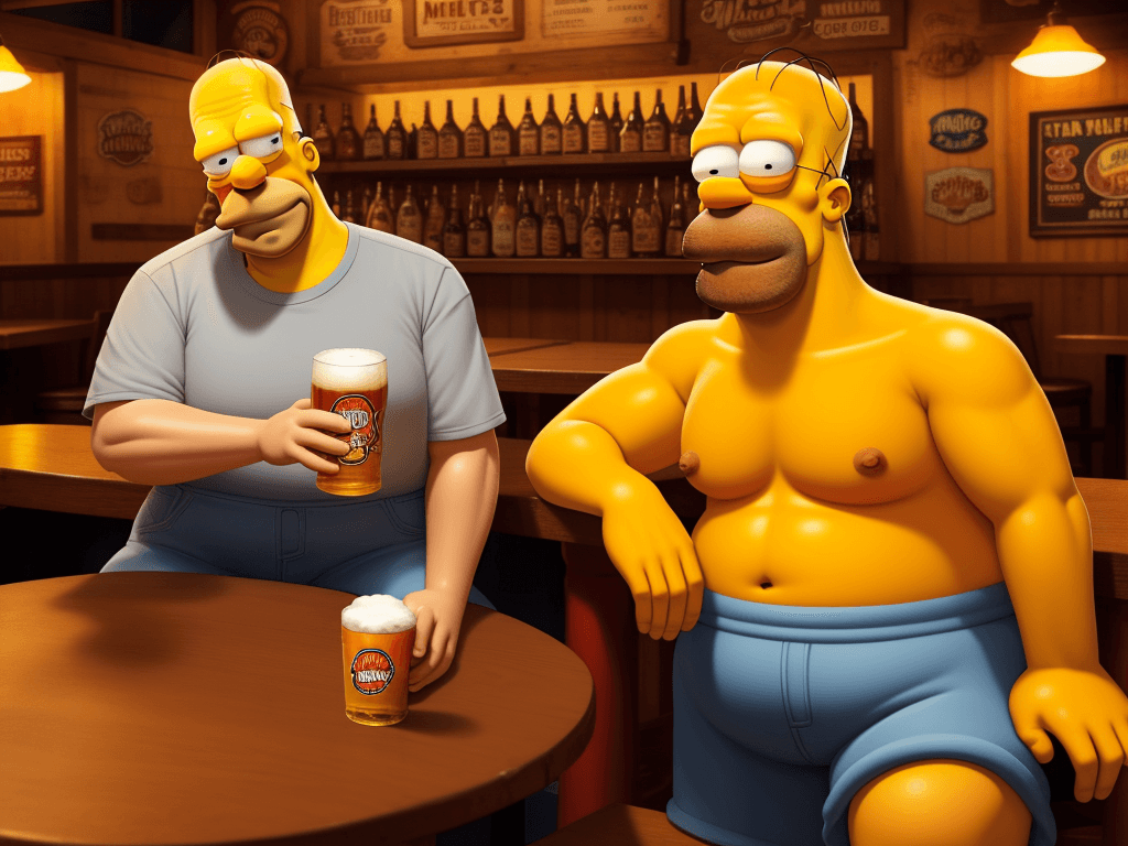 AI generated: homer simpson as a real person.he is sitting in moe's tavern drinking a beer