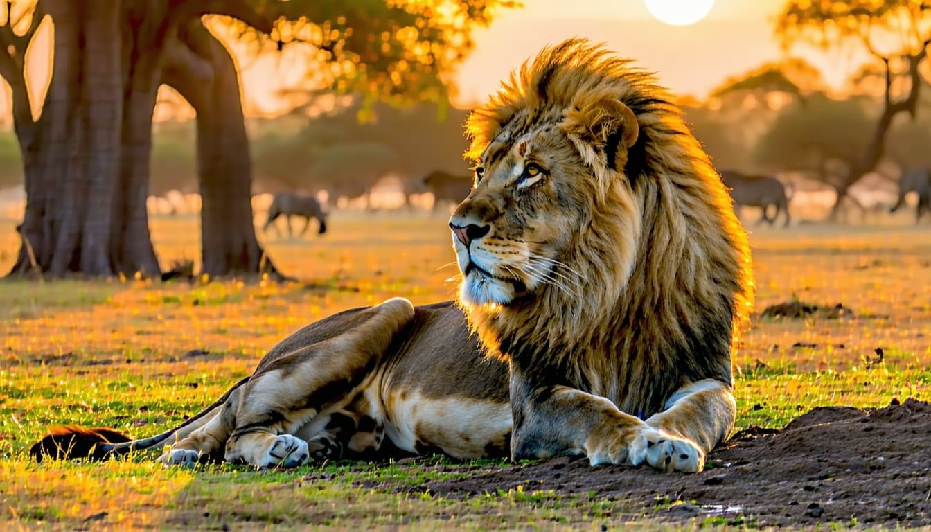 AI generated: A stunning wildlife scene featuring a majestic lion resting amidst a vibrant savannah at sunset, wit...