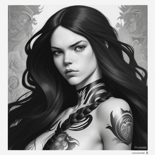 AI generated: black and white illustration in the form of a woman with flowing hair, in the style of martine johan...