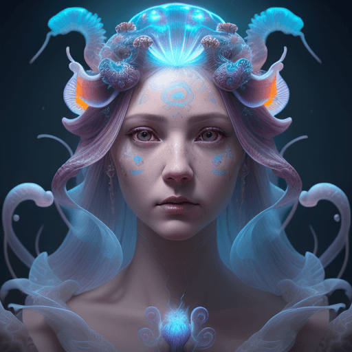 AI generated: Goddess close-up portrait ribcagel. jellyfish phoenix head, nautilus, orchid, skull, betta fish, bio...