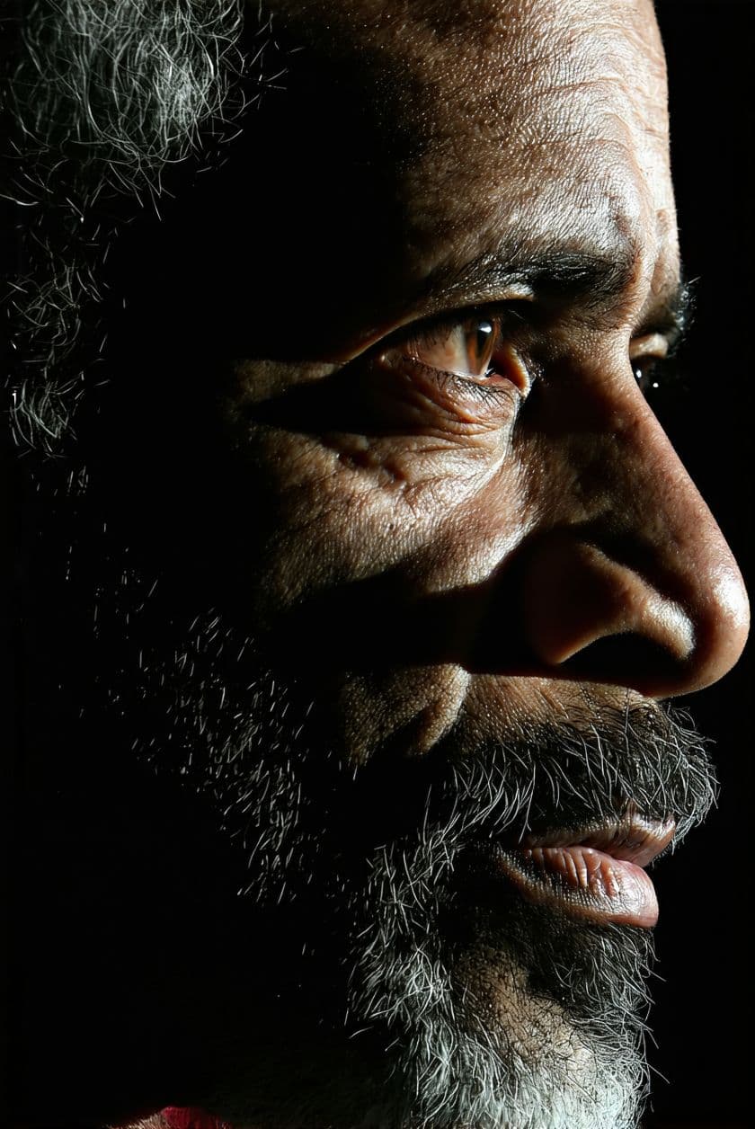 AI generated: A close-up of a face is illuminated by a light source.

The image is a close-up portrait of an Afric...