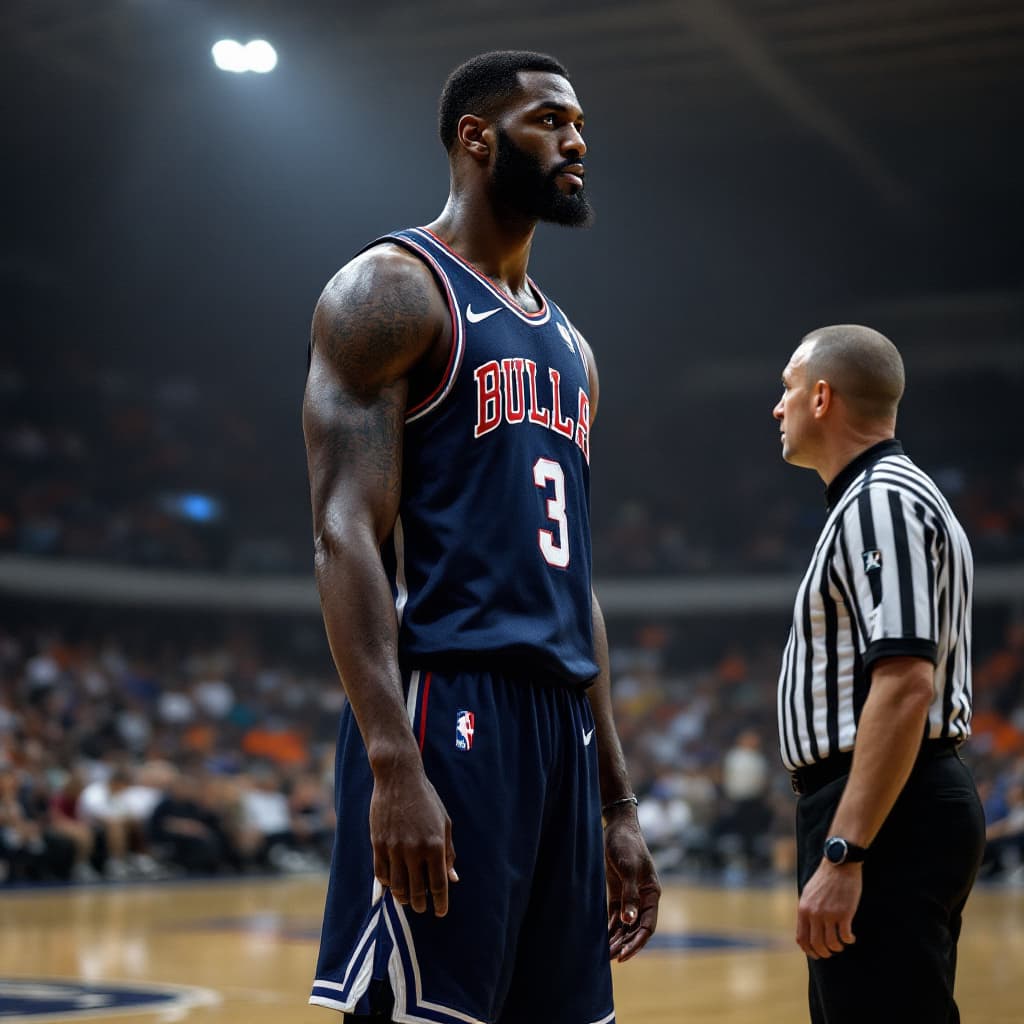 AI generated: an 8ft tall black American basket ball player standing by a 5 ft tall referee in a basket ball court...