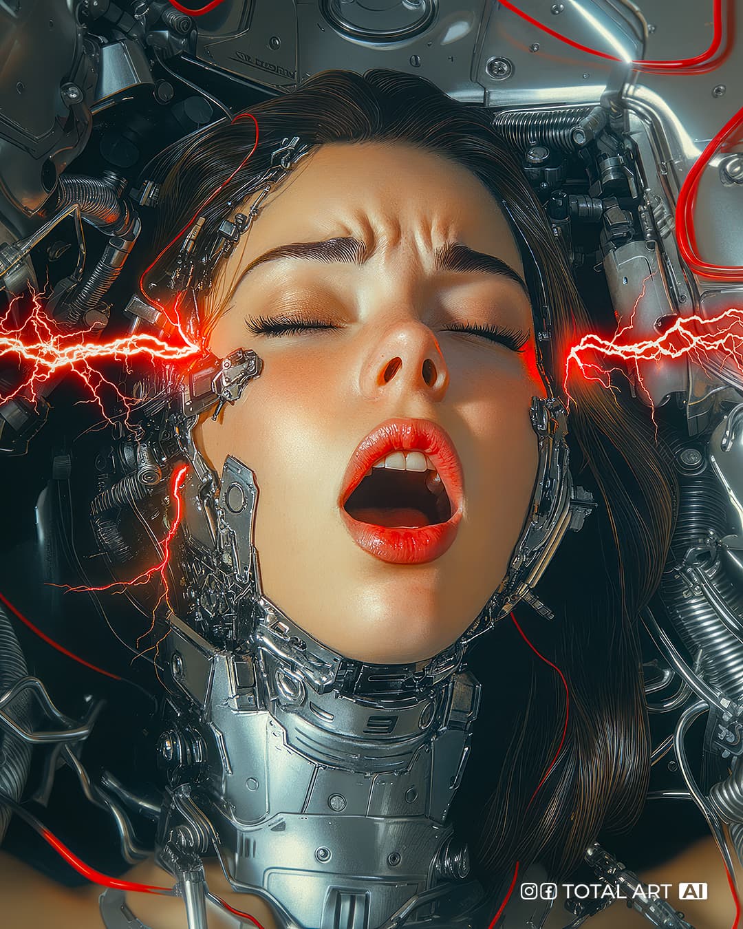 AI generated: Comic book illustration, 3/4 view, close up portrait of beautiful European female cyborg, mouth open...