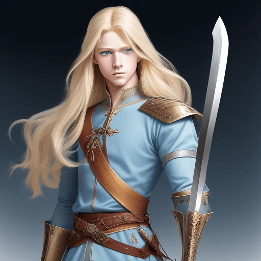 AI generated: generates a charming prince, blond with blue eyes and long hair, tall and muscular, chivalrous with ...