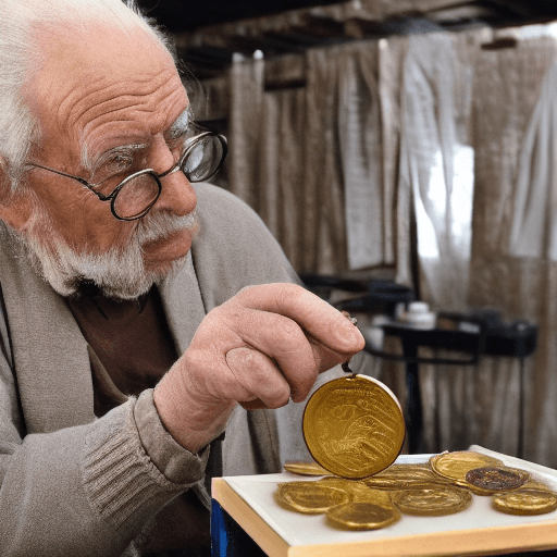 AI generated: old researcher looking at greek gold coin