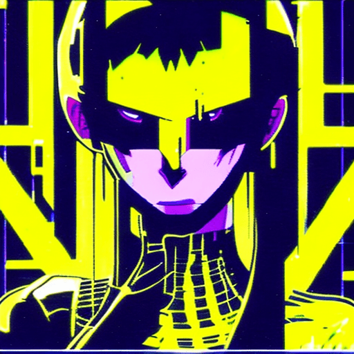AI generated: early techno rave music inspired by ghost in the shell, 90s manga aesthetic, expressive face, yellow...