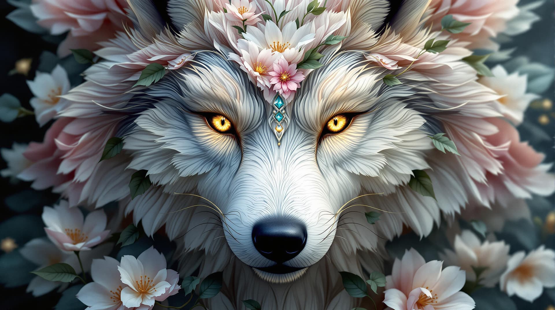 AI generated: In a mesmerizing blend of natural and fantastical, exquisite flowers take on the form of a wolf's fa...