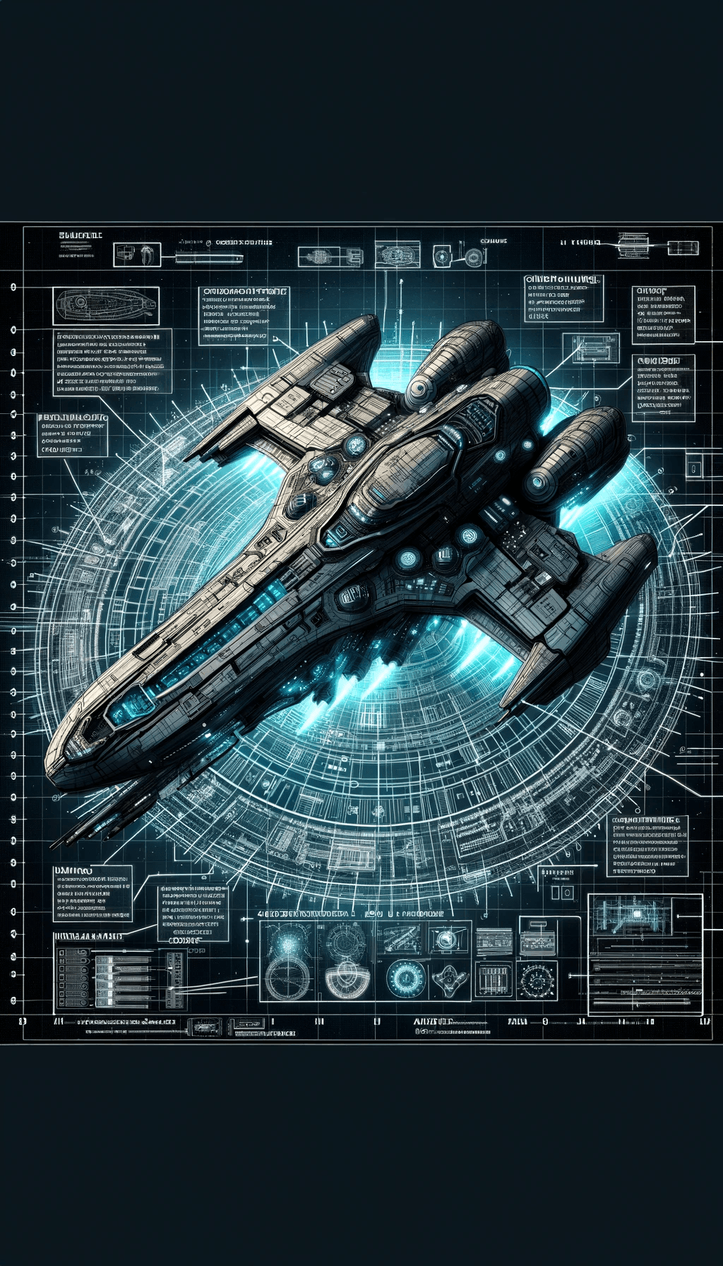 AI generated: A digital blueprint of a futuristic intergalactic spacecraft battleship, with labeled sections and t...