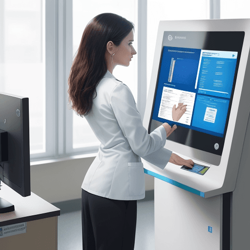 AI generated: The image depicts a patient standing at a touchscreen kiosk in a modern healthcare setting. They are...