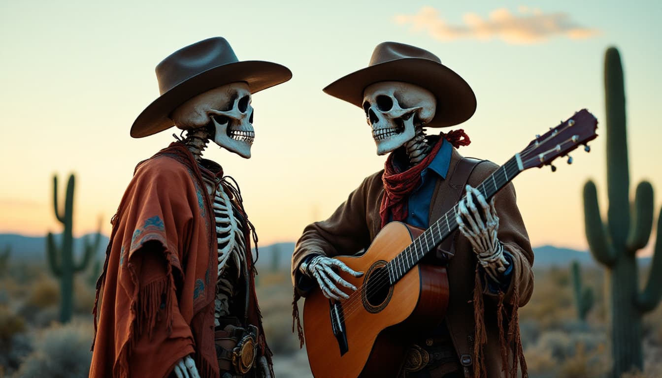 AI generated: Estilo western, en el desierto al atardecer. Hay cactus. Two skeletons are talking to each other esq...