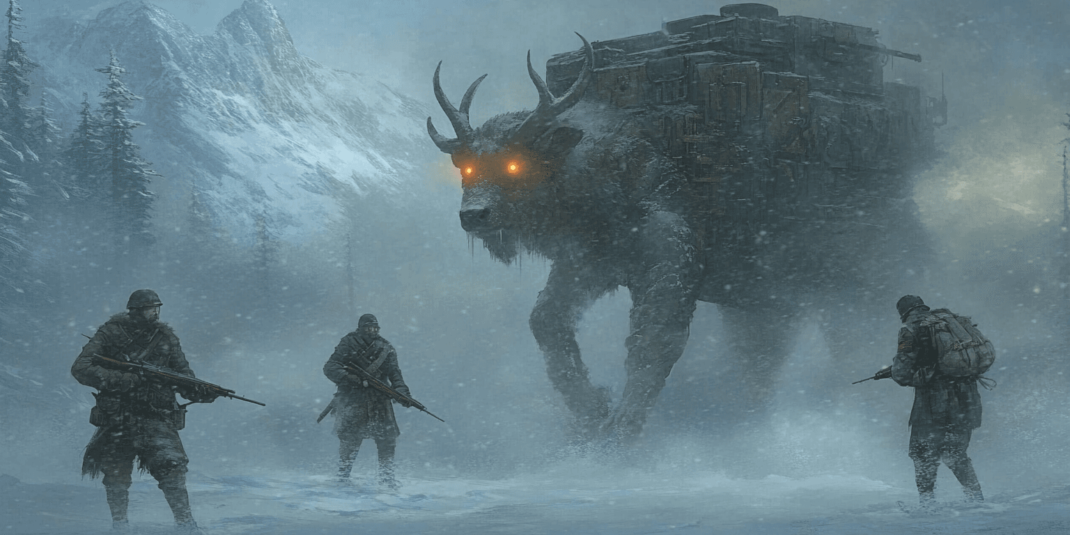 AI generated: A vast, snowy battlefield with misty mountains in the background. Early 20th-century soldiers in tat...