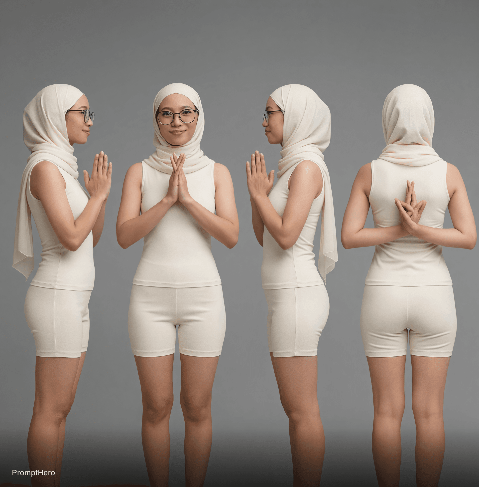 AI generated: Based on reference. Character slightly acrossing hand together right hand on front while left on bac...