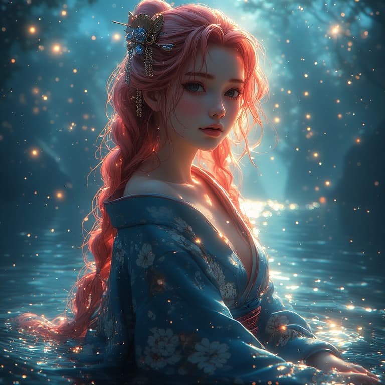 AI generated: anime art of Mitsuri Kanroji, covered nipples, chromatic aberration, glow, perfect face, perfect bod...