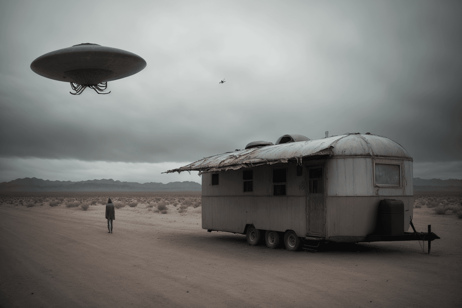 AI generated: Raw ultra hdr, photo image of (cursed detailes UFO by [[[zdislav beksinski]]]) invasion on trailer p...