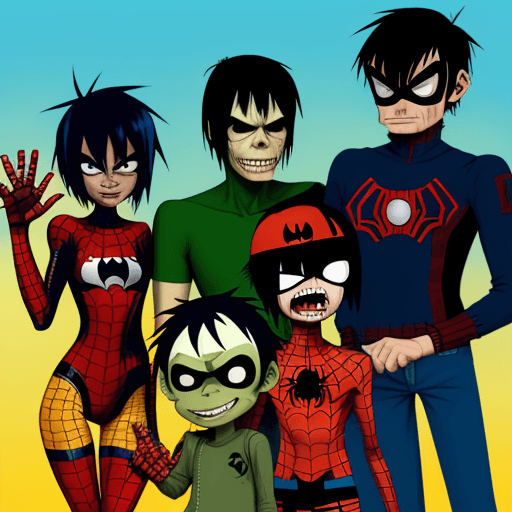 AI generated: 2-D from Gorillaz as Spider-man
Murdoc from Gorillaz as Batman
Noodle from Gorillaz as Iron man
Russ...