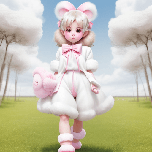 AI generated: Create a white-colored monkey walking across a field, with a white bow on its head and fluffy pink s...