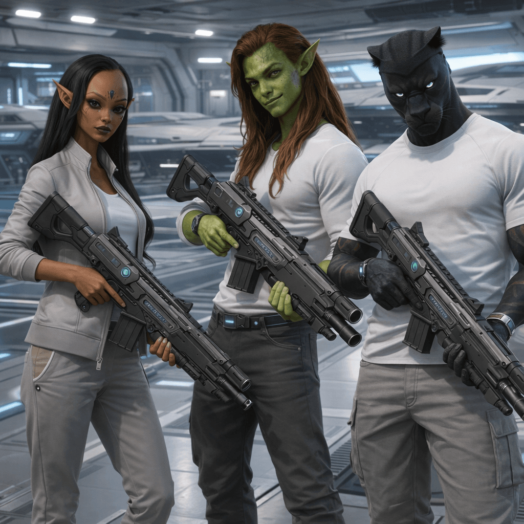 AI generated: Create an image where all the charactes are casually holding the reference weapons in a pose. Change...